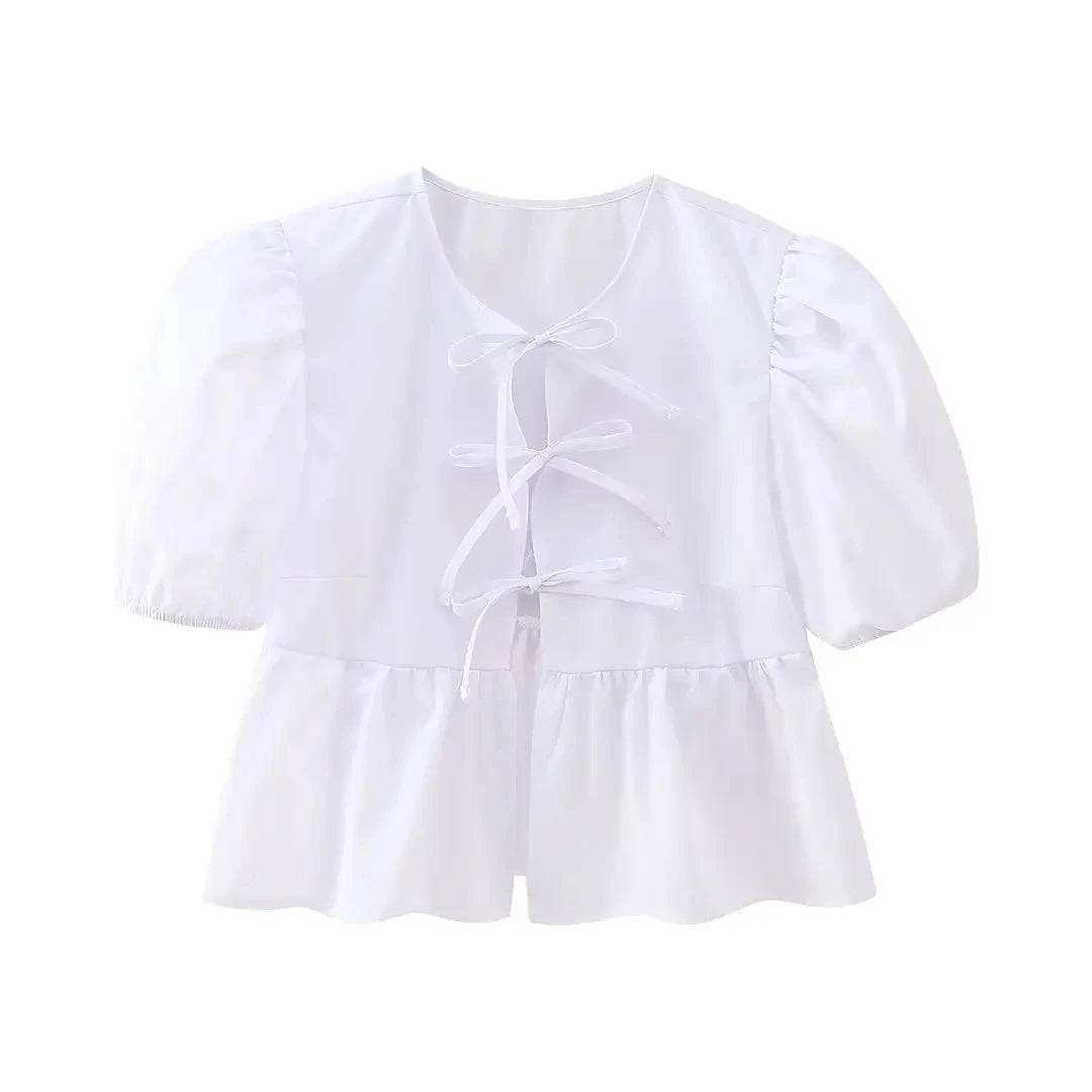HH Fashion Solid Hollow Out Shirt Women Causal O Neck Short Sleeved Lace Up Tops Chic Female Casual Blouse Streetwear 2024