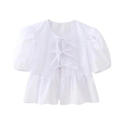 HH Fashion Solid Hollow Out Shirt Women Causal O Neck Short Sleeved Lace Up Tops Chic Female Casual Blouse Streetwear 2024