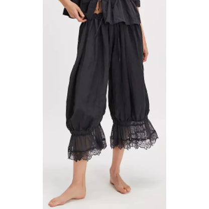 Combhasaki Women's Y2K Loose Fit Bloomers Cropped Pants Drawstring High Waist Floral Lace Patchwork Calf-Length Lantern Trousers