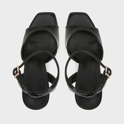 Black Patent Leather Ankle Strap Buckle Heeled Sandals Women Sexy Square Open Toe High Heels Summer Elegant Party Office Shoes