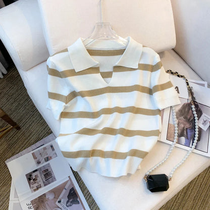 2026 New Striped Pattern Collared Sweater Versatile Short Sleeve Knitted Top For Spring & Summer Women's Clothing Crop Top