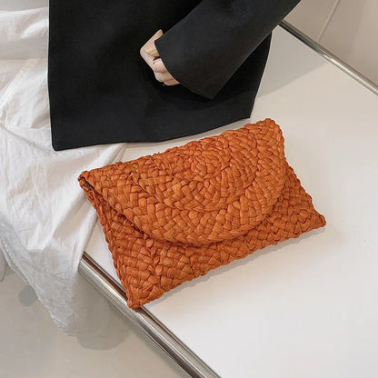 Women Fashion Flap Envelope Bags Summer Beach Bag Handmade Wallet Straw Knitted Handbag Lady Coin Phone Long Purse Clutches