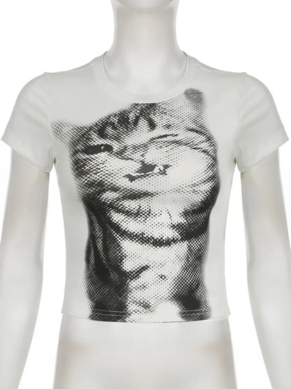 Women's Harajuku Animal Print Crop Top Basic White Short Sleeve Crewneck Slim-Fitting T-Shirt Casual Y2K Vintage Lady Tees