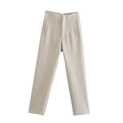 DUOPERI Women Fashion Solid Basic High Waist Trousers Chic Female Office Lady Casual Business Workwear Long Pant