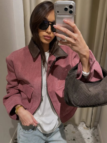 SLTNX Spring Pink Casual Jacket Women's Loose Fit Streetwear Front Zipper Pockets Lounge Wear Daily Outerwear