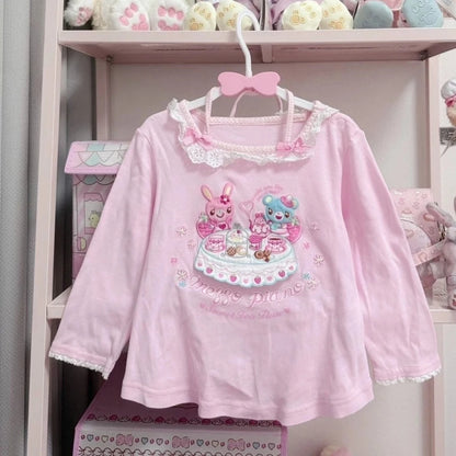 Japanese Kawaii Crop Tops Cartoon Print Harajuku Lolita Short Sleeve T-shirts Women Y2k Aesthetic Slim Tee Vintage Fairy Grunge