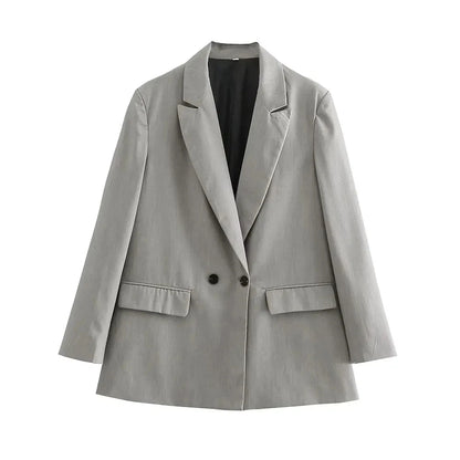 Women Fashion Double Breasted Loose Fitting Blazer Coat Vintage Long Sleeve Pockets Female Outerwear Chic Veste Femme
