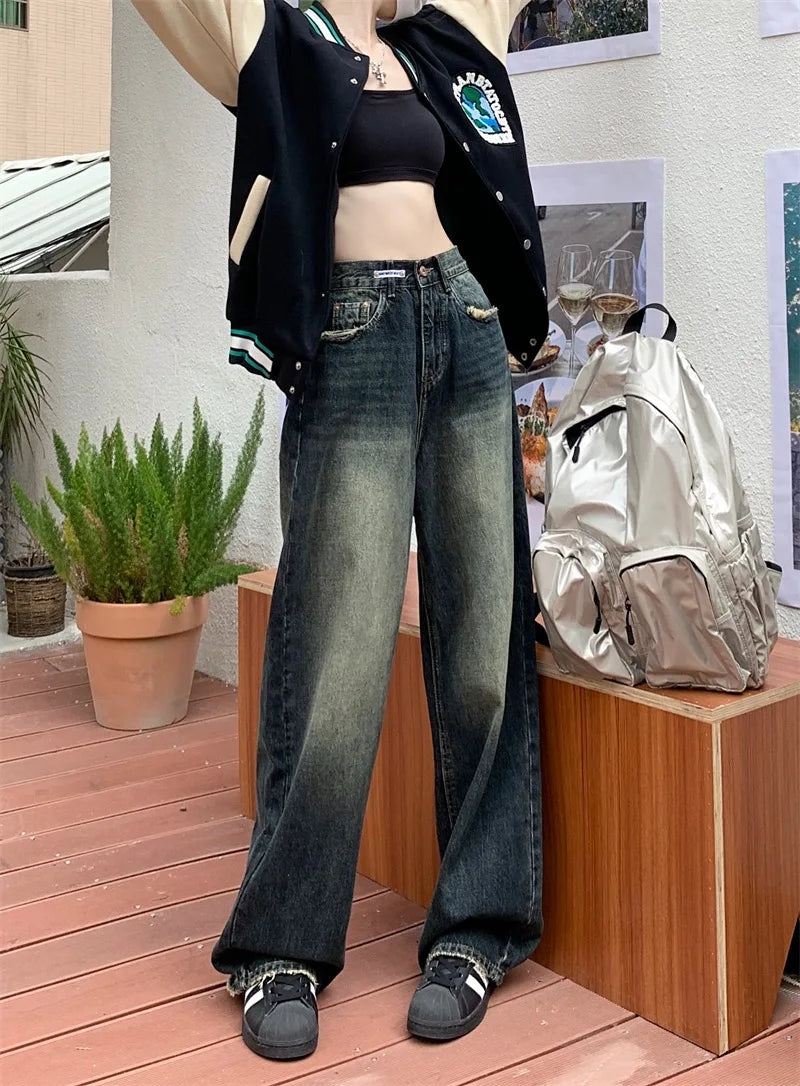 Women's New High-waisted Slimming Straight-leg Loose-fit Vintage American Style Casual Jeans Bell Bottoms For Women