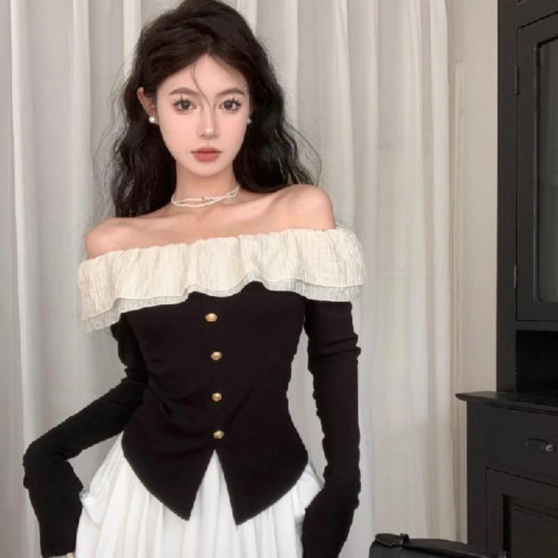 Slash Neck T-shirts for Women Off-shoulder Long Sleeve Tees Elegant French Style Feminine Sweet Ruffles Tops Chic Street Wear