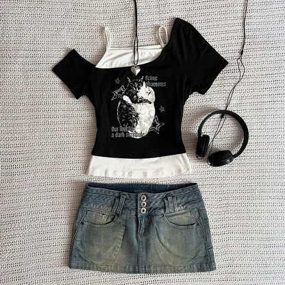 Asthetische Goth Fledermaus Brief Y2K Stil zweitelige T-Shirt Kurzarm Weste Harajuku Streetwear Hosentrger Frauen Kleidung Shirt