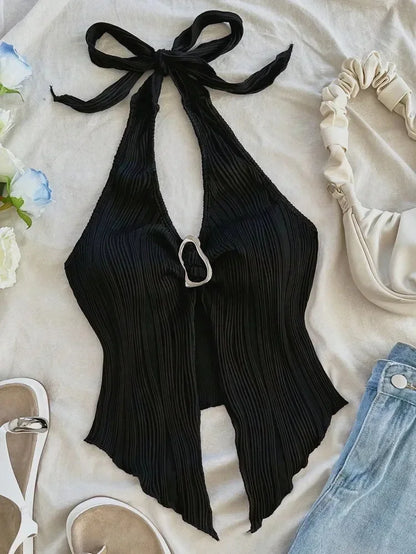 Summer for Women Sleeveless Top Clothes Solid Split Backless Women Sexy V-neck Halter Neck Crop Top