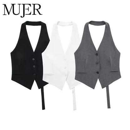 MUJER Off Shoulder Sleeveless Vest Women Black White Cropped Vest Woman Fashion Backless V Neck Short Coats Summer Waistcoat