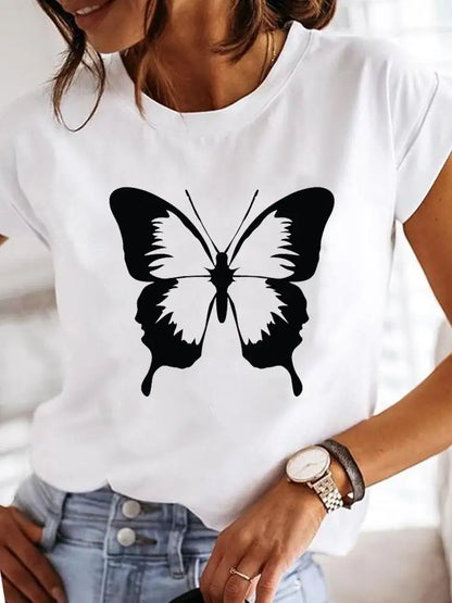 Women's Short-sleeved Explosive Insect Butterfly Dragonfly Print Round Neck T-shirt Women Clothes  Oversized T Shirt  Harajuku
