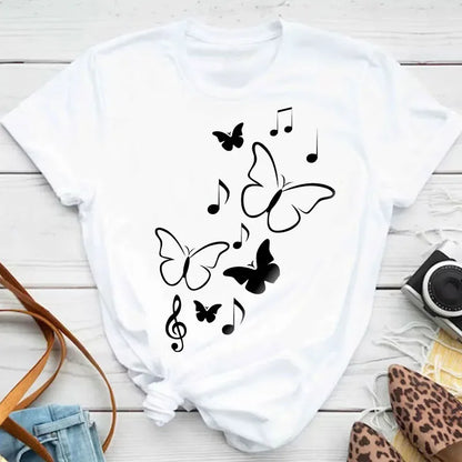 Y2k Women's Colorful Butterfly Petal Print T-Shirt, Short Sleeve, Round Neck, Cute Graphic Tee Shirts, Female Tops Clothes