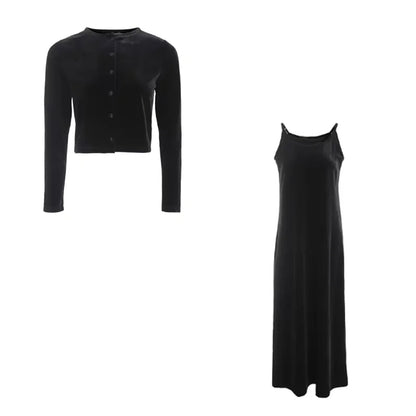 2024 Autumn Women Solid Color New Sleeveless Dress Single-breasted Long-sleeved Cardigan And Long Robes Female Casual Clothes