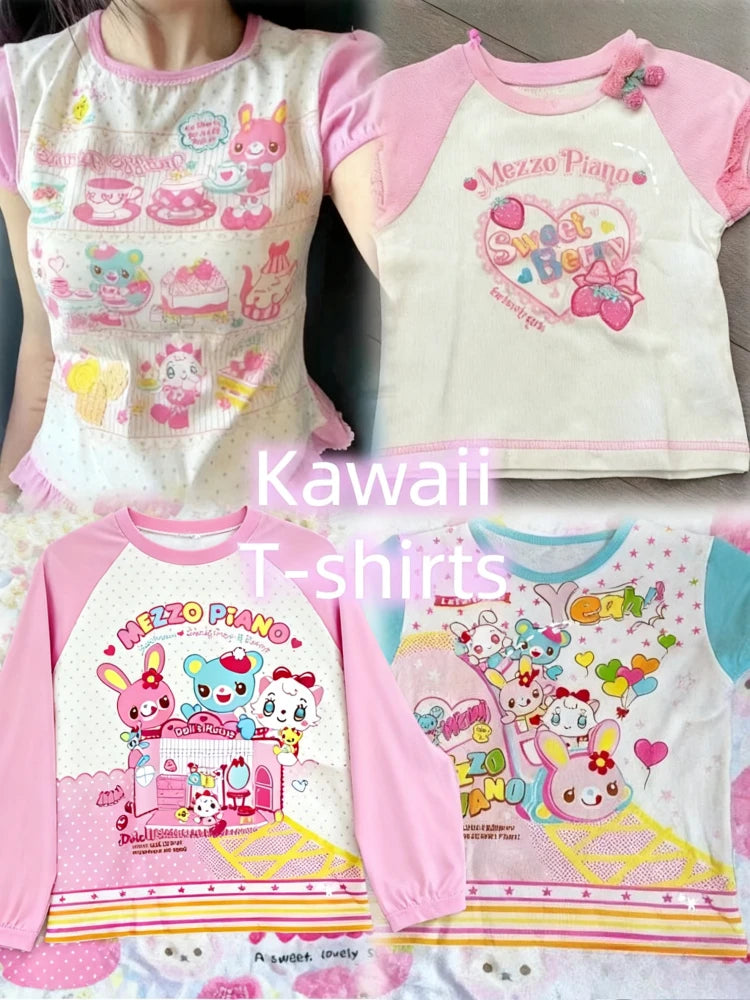 Japanese Kawaii Crop Tops Cartoon Print Harajuku Lolita Short Sleeve T-shirts Women Y2k Aesthetic Slim Tee Vintage Fairy Grunge