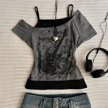 Y2k Slim Fit Print Tops Women Off Shoulder Short Sleeve Tee Shirt Neploe American Vintage Fake Two Piece Halter Lace Up T-shirts