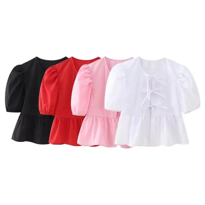 HH Fashion Solid Hollow Out Shirt Women Causal O Neck Short Sleeved Lace Up Tops Chic Female Casual Blouse Streetwear 2024