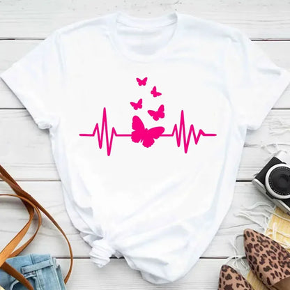 Y2k Women's Colorful Butterfly Petal Print T-Shirt, Short Sleeve, Round Neck, Cute Graphic Tee Shirts, Female Tops Clothes