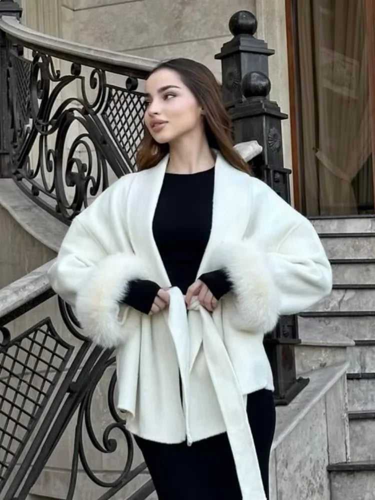 Solid Lace Up Faux Fur Sleeve Jacket Woman Elegant Mid-length V-neck Woolen Blend Coat Autumn Casual Fashion Scarf Outwear 2025