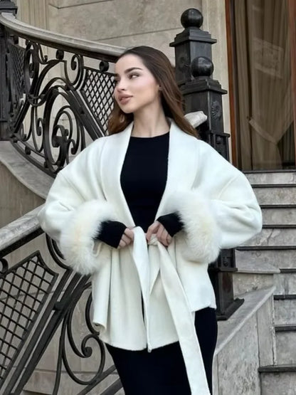 Solid Lace Up Faux Fur Sleeve Jacket Woman Elegant Mid-length V-neck Woolen Blend Coat Autumn Casual Fashion Scarf Outwear 2025