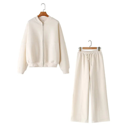 HH Women's Fall 2-Piece Retro Solid Color Zip Bomber Jacket Sweatshirt+High Waist Lace Up Women's Wide Leg Pants Street Wear