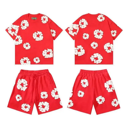 DENIM TEARS Summer Hot Selling European and American Fashion Hip Hop Printed Short Sleeve Set High Street Loose Sportswear