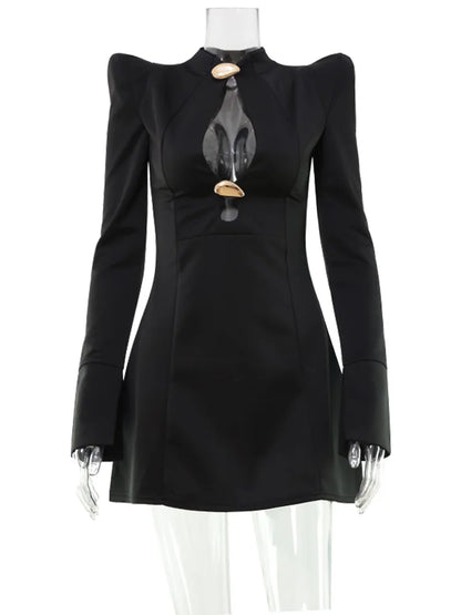CNYISHE Metal Buckle Hollow Out Women Dresses Autum Fashion Solid O Neck Sheath Long Sleeve Sexy Club Female Bodycon Chic Robes