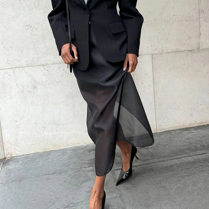 Black Mesh Skirts For Women Double-layer Design Sexy Perspective High Waist Slit Hip Skirt Female Thin Loose New Summer