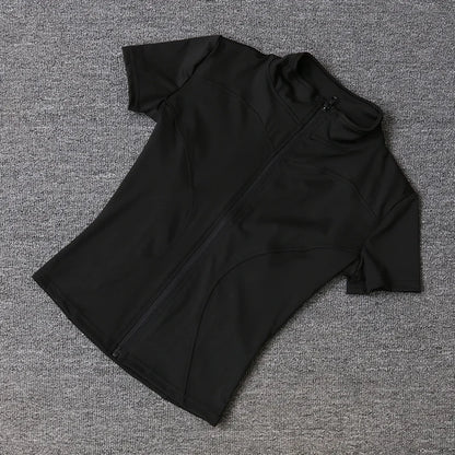 Summer High Quality Waist Slimming Training Tops Women's Quick-drying Tight Stand Collar Full Zipper Short Sleeves Yoga shirts
