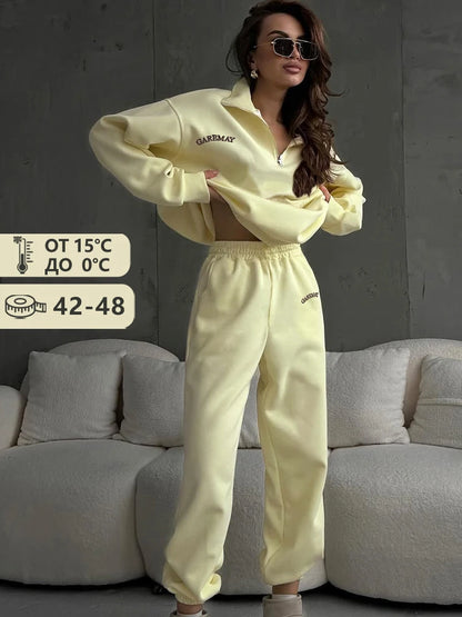 Spring Women's Tracksuit with Zipper Cotton Oversize Classic Pink  Two Piece Set Women Casual  Yellow Trouser Suits for Women