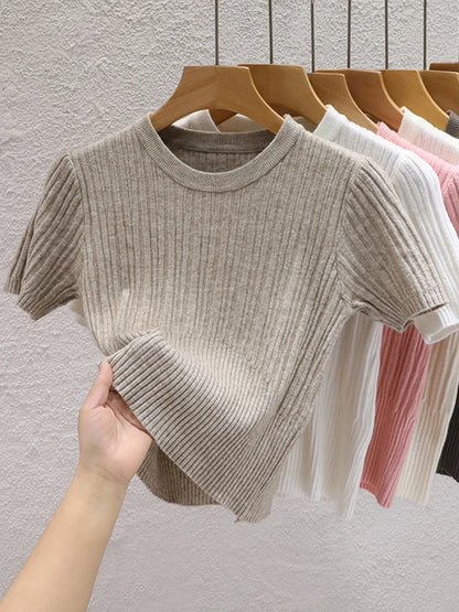 2026 Summer T shirts for Women Casual Female Korean Knit Streetwear Tees Basic Solid Young Cool Tops