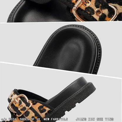 High Quality Leopard Metal Buckle Design Women Slippers Sexy Comfort Non Slip Slide Sandals Summer Size 43 Platform Flip Flops