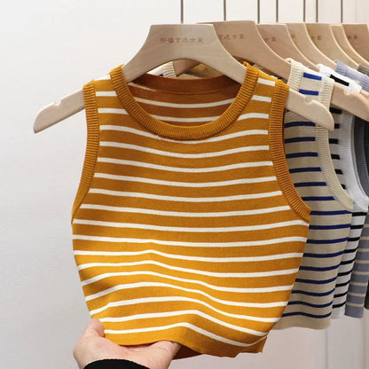 Summer Spring Striped Tank Tops Women Sleeveless Knitted T-Shirts Crop Tops Female Elastic Slim Casual Vests Pullover Camis