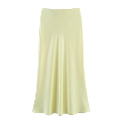 Willshela Women Fashion Satin Solid Pleated Midi Skirt Vintage Mid Elastic Waist Female Chic Lady Skirts