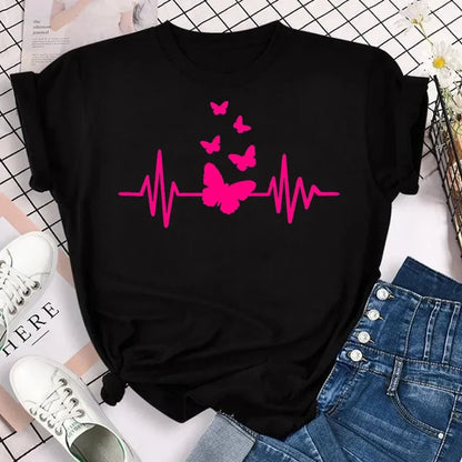 Y2k Women's Colorful Butterfly Petal Print T-Shirt, Short Sleeve, Round Neck, Cute Graphic Tee Shirts, Female Tops Clothes
