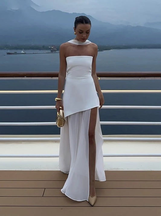 Elegant Women's Strapless Ribbon Long Dress Vintage Mesh Patchwork Corset Maxi Dresses Summer Evening Wedding Guest White Yellow