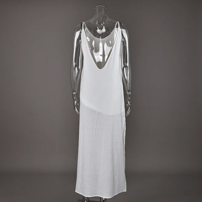 Linad Summer Casual White Long Dress Sexy Loose Backless Split Dresses Woman Street Chic V Neck Straight Dress For Women 2025