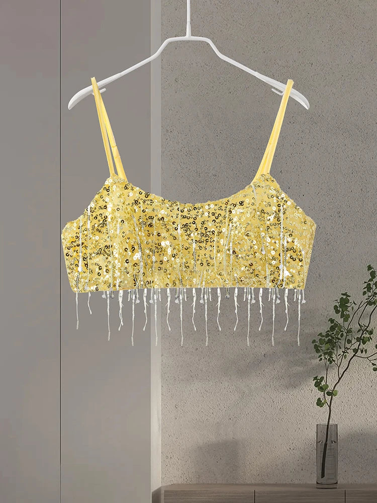Sexy Tassel Chains Women's Set Elegant Solid Sequins Hip Package Female Party Mini Skirts Summer Holiday Lady Outfit Beachwear