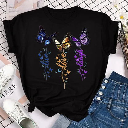 Y2k Women's Colorful Butterfly Petal Print T-Shirt, Short Sleeve, Round Neck, Cute Graphic Tee Shirts, Female Tops Clothes