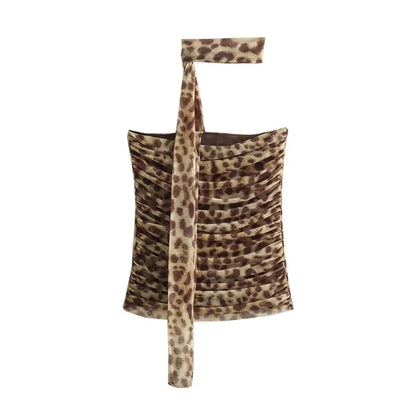 MUJER Leopard Print Tulle Crop Top Woman Ruched Off Shoulder Bandeau Top Women Sleeveless Backless Tube Top Summer Sexy Tops