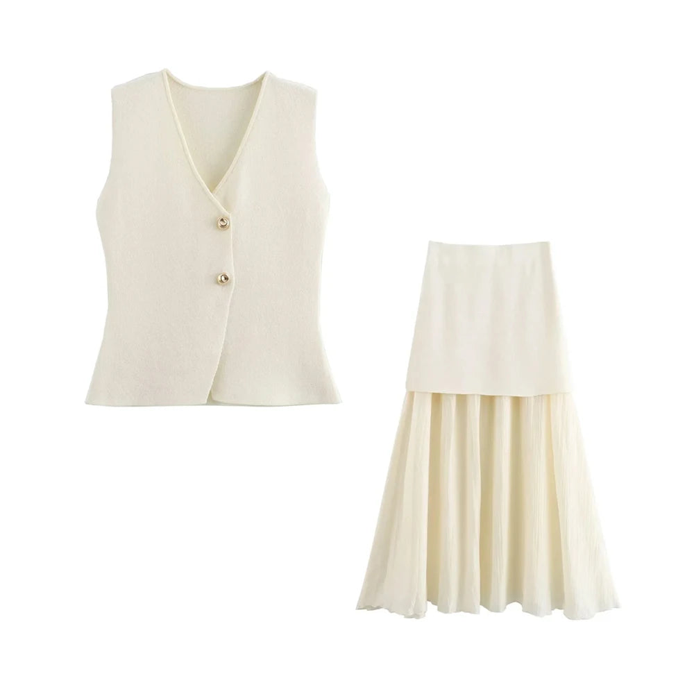 Women Fashion With Golden Buttons Knit Waistcoat And High Elastic Waist Pleated Midi Skirt Female Two Piece Sets Mujer