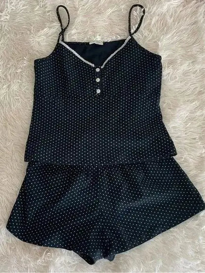 Strawberry Vest Shorts 2 Pieces Set Woman Eyelet Bow Slim Tank Top with Elastic Waist Patchwork Straight Short Pant Sweet Sets