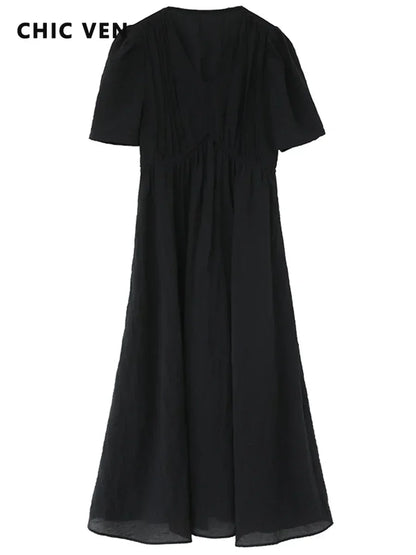 CHIC VEN Women Dresses French Style Vintage V-neck Puff Sleeve Long Dress Solid Black Loose Female Clothing Summer New 2023