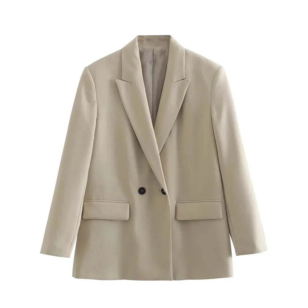 Women Fashion Double Breasted Loose Fitting Blazer Coat Vintage Long Sleeve Pockets Female Outerwear Chic Veste Femme