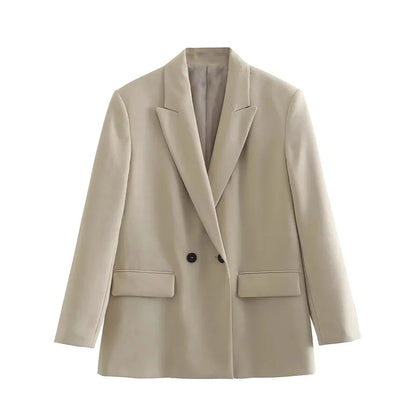 Women Fashion Double Breasted Loose Fitting Blazer Coat Vintage Long Sleeve Pockets Female Outerwear Chic Veste Femme