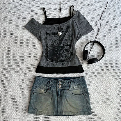 Y2k Slim Fit Print Tops Women Off Shoulder Short Sleeve Tee Shirt Neploe American Vintage Fake Two Piece Halter Lace Up T-shirts