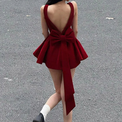 BKLD Fashion Red Bowknot Mini Dress Straps Square Collar Sleeveless Backless Vintage Cute Ladies Slim Party Short A-line Dresses