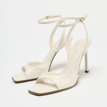 Black Patent Leather Ankle Strap Buckle Heeled Sandals Women Sexy Square Open Toe High Heels Summer Elegant Party Office Shoes