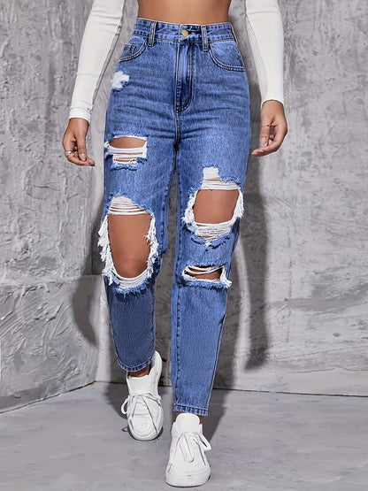 CPSYMYM American Retro Hole-punched Jeans Women High Waist Straight-crotch Loose Slim Design High-street Vibe Wide-legged Draggi